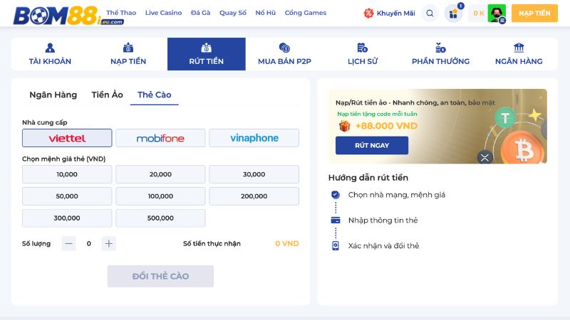 Quá trình rút tiền tại BOM88 được tối ưu đơn giản